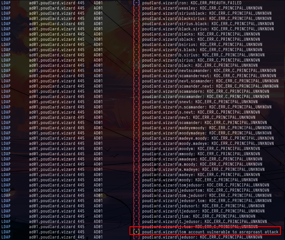 crackmapexec ldap ad01.poudlard.wizard -u users.lst -p "" -k